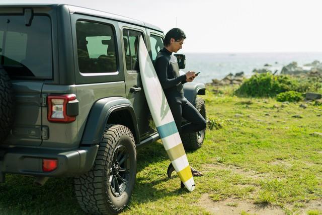 海辺の草原で車にサーフボードを立てかけ、波情報を確認するサーファー※画像はイメージです （One/stock.adobe.com）