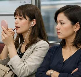 隣に座った女性が化粧をし初めて怪訝な表情を浮かべる　※画像はAIで生成したイメージです。