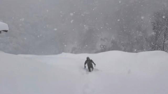 深い雪の中を進んで行きます（動画よりキャプチャ、画像提供：田中一馬 但馬牛農家の精肉店・田中畜産さん）