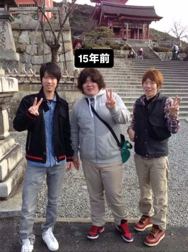 19歳当時、体重約140kgだった頃の3人の写真／八田 成雄さん（@shigeo1002）提供