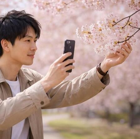 桜の枝を映え写真のためにポキリ　※この画像はAdobe Fireflyで作成したイメージです