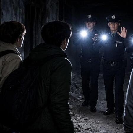 警官に囲まれ、お遊びムードから後悔に真っ逆さま　※この画像はAdobe Fireflyで作成したイメージです