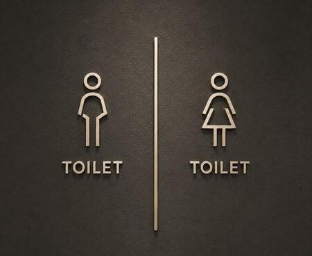 トイレの表示としてはおしゃれだが、よくよく見ないと男性用なのか女性用なのかがわかりづらい（提供）