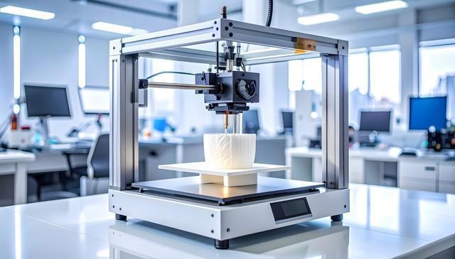近代的な研究設備が整った研究室で、白いプラスチック製の試作品を作っている業務用の工業向け3Dプリンター（Rika/stock.adobe.com）※画像はイメージです