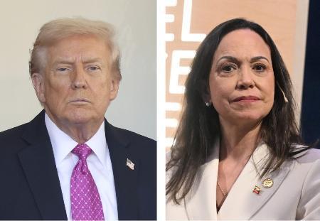 　トランプ米大統領、ベネズエラの野党指導者マリア・コリナ・マチャド氏（いずれもゲッティ＝共同）　