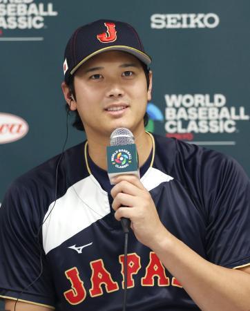 　記者会見するＷＢＣ日本代表の大谷翔平＝４日、東京ドーム（読売新聞社提供）