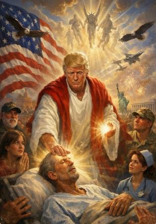 　トランプ米大統領が１２日に交流サイト（ＳＮＳ）に投稿した、生成人工知能（ＡＩ）による自身をキリストのように描いた画像（ロイター＝共同）