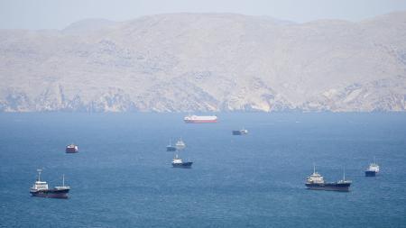 　２７日、オマーン沖のホルムズ海峡に浮かぶ船舶（ロイター＝共同）