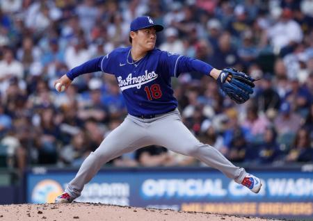 　ブルワーズ戦に先発し、７回を７安打１失点で４勝目を挙げたドジャース・山本＝ミルウォーキー（共同）