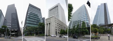 　独禁法違反の疑いで公正取引委員会が立ち入り検査を行った、派遣大手５社が入るビル。左からパーソルテンプスタッフ、スタッフサービス、リクルートスタッフィング、アデコ、マンパワーグループ＝２日午後、東京都内