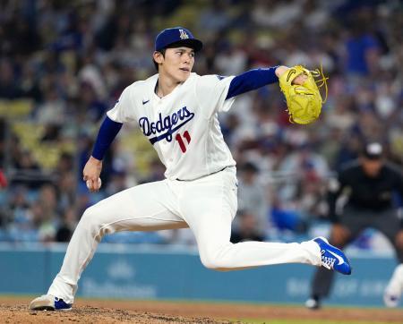 　エンゼルス戦に先発したドジャース・佐々木。７回を２安打無失点、１０奪三振と好投したが、勝敗は付かなかった＝ロサンゼルス（共同）