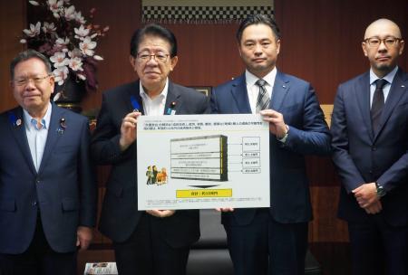 　「交通空白」による経済損失の試算について調査会社の報告を受ける金子国交相（左から２人目）＝９日午後、国交省