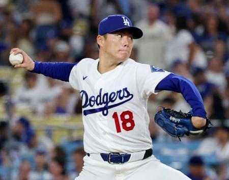 　レッズ戦に先発し、７回１失点でメジャー自己最多の１３勝目を挙げたドジャース・山本＝ロサンゼルス（共同）