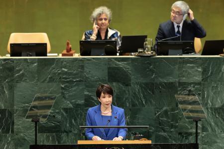 　２２日、米ニューヨークで開かれた国連総会で一般討論演説に臨んだ高市早苗首相（ゲッティ＝共同）