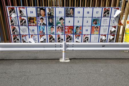 　ポスターが破られた東京都知事選の掲示板＝２４日午後、東京都新宿区