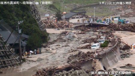 　第９管区海上保安本部が２１日午後に撮影し報道向けに公開した、大雨被害のあった石川県の能登地方をヘリコプターで上空から撮影した映像