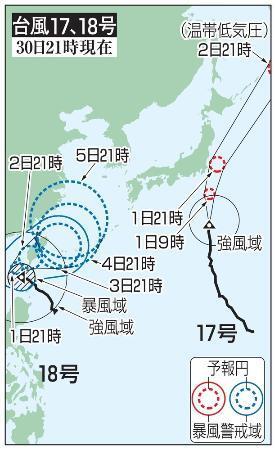 　台風１７号、１８号の５日先予想進路（３０日２１時現在）