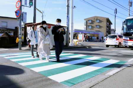 富士撮影スポットで横断歩道塗装　緑と白に、利用促進の対策