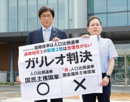 　衆院選「１票の格差」訴訟の判決後、名古屋高裁金沢支部前で判断を非難する紙を掲げる伊藤真弁護士（左）ら＝１７日午後