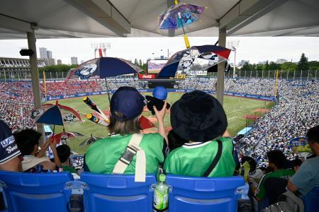 　プロ野球のヤクルト-広島戦でグッズを手に応援する参加者＝２１日午後、神宮球場