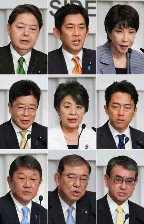 　自民党総裁選の共同記者会見で質問に答える（右から左へ、上から下へ）高市経済安保相、小林前経済安保相、林官房長官、小泉元環境相、上川外相、加藤元官房長官、河野デジタル相、石破元幹事長、茂木幹事長＝１３日午後、東京・永田町の党本部