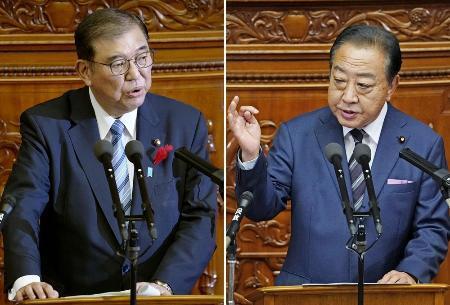 　衆院本会議で質問する立憲民主党の野田代表（右）と答弁する石破首相＝７日