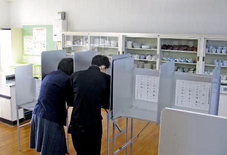 　山口県知事選の期日前投票をする県立特別支援学校の生徒ら＝１月３０日、下関市
