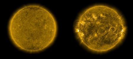 　太陽観測衛星で撮影した２０１９年１２月の活動極小期（左）と２０２４年５月の極大期の太陽（ＮＡＳＡ提供・共同）