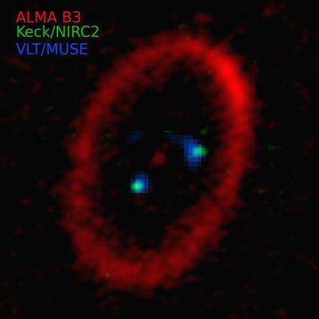 　「ＰＤＳ７０」（中央）と二つの惑星を取り囲むような円盤状のちり。ちりは右上に集中している（アルマ望遠鏡など提供）