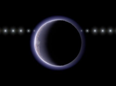 　太陽系外縁天体２００２ＸＶ９３（中央）が恒星の手前を通過する様子の想像図。天体の近くで恒星が減光している（国立天文台提供）