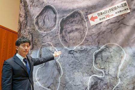 　福島県南相馬市で見つかった恐竜の足跡化石の原寸大パネルを指差す福島県立博物館の吉田純輝副主任学芸員＝２２日午前、南相馬市