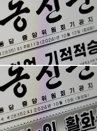 　北朝鮮の朝鮮労働党機関紙、労働新聞の今年１０月１２日（上）と翌１３日の紙面。１３日から独自の年号「主体１１３」がなくなり西暦のみが記されている（共同）