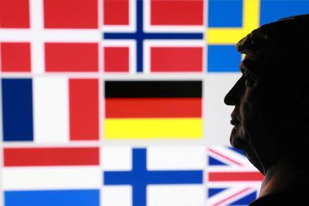 　トランプ米大統領のミニチュア像と、グリーンランドを巡り関税を課すとした対象８カ国の国旗（ロイター＝共同）