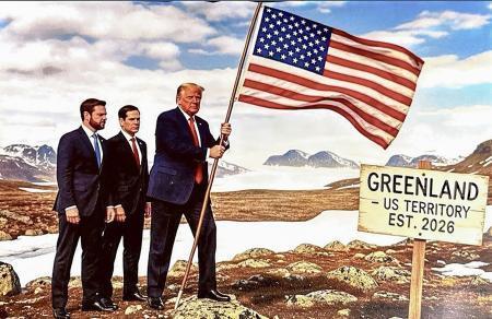 　トランプ米大統領（右）が投稿したグリーンランドに米国旗を立てるイラスト風の画像。後ろに立つのはバンス副大統領（左）とルビオ国務長官（ＳＮＳトゥルース・ソーシャルから）