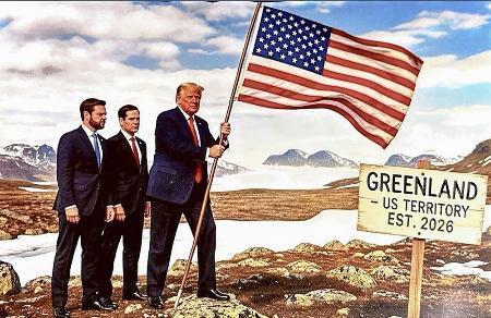 　トランプ米大統領（右）が投稿したグリーンランドに米国旗を立てるイラスト風の画像。後ろに立つのはバンス副大統領（左）とルビオ国務長官（ＳＮＳトゥルース・ソーシャルから）