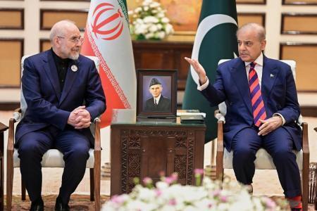 　パキスタンのシャリフ首相（右）とイラン代表団のガリバフ国会議長＝１１日、イスラマバード（パキスタン首相府提供・ＡＰ＝共同）