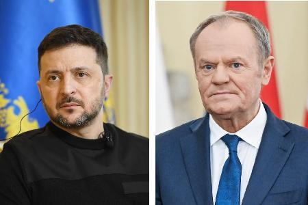 　ウクライナのゼレンスキー大統領、ポーランドのトゥスク首相（ゲッティ＝共同）