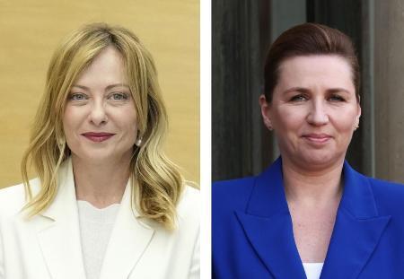 　イタリアのメローニ首相（左）とデンマークのフレデリクセン首相（ゲッティ＝共同）