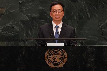 　国連総会一般討論で演説する中国の韓正国家副主席（ＡＰ＝共同）