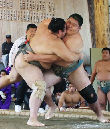 　貴乃花部屋の若手力士と（左）と対戦する埼玉栄の矢後選手