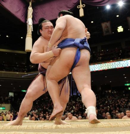 隠岐の海を寄り切る稀勢の里（撮影・田村亮介）