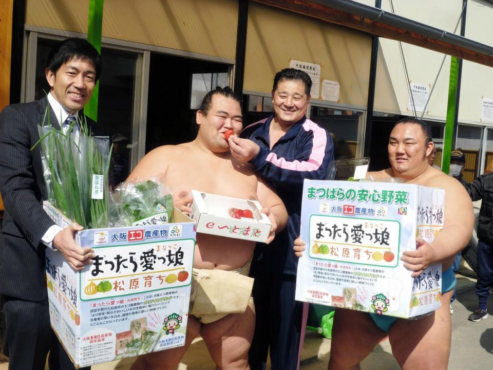 松原市から地元の野菜、果物が差し入れられ、イチゴを食べる右から琴勇輝、佐渡ケ嶽親方、琴奨菊。左は沢井宏文市長