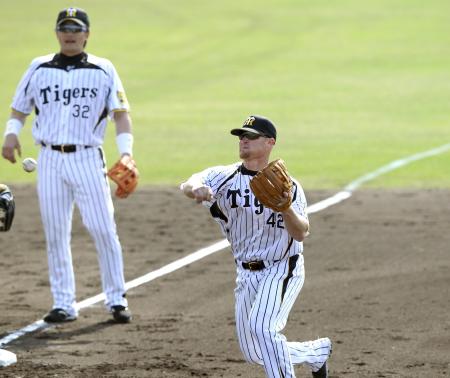 　シートノックで阪神・新井良（左奥）と三塁を守り、送球するコンラッド（撮影・田中太一）