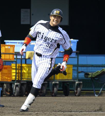 　シート打撃でレフトに飛球を放ち笑顔で走る阪神・新井良太＝鳴尾浜（撮影・棚橋慶太）