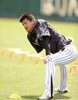 　いざ、竜倒へ！‐無精ひげを生やし、精かんな顔つきでストレッチをする能見（撮影・田中太一）　