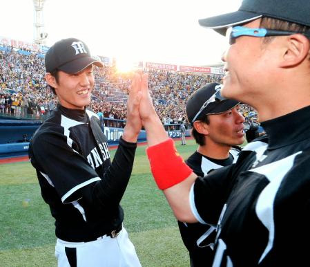 ３勝目を飾り、阪神・新井良太と笑顔でハイタッチする阪神・藤浪晋太郎＝横浜スタジアム（撮影・飯室逸平）