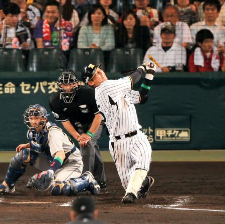 ６回阪神、２死一塁、阪神・新井貴浩はフルスイングも空振り三振に倒れる＝甲子園（撮影・飯室逸平）