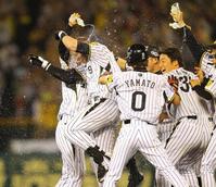 　９回、サヨナラ打を放ったマートンを祝福する阪神ナイン（撮影・棚橋慶太）