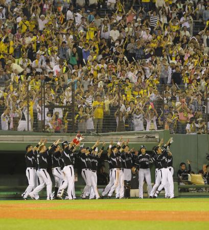 　９回、新井良の勝ち越しソロに歓喜する阪神ナイン（撮影・飯室逸平）