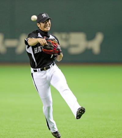 　シートノックで本塁へ送球する西岡（撮影・田中太一）